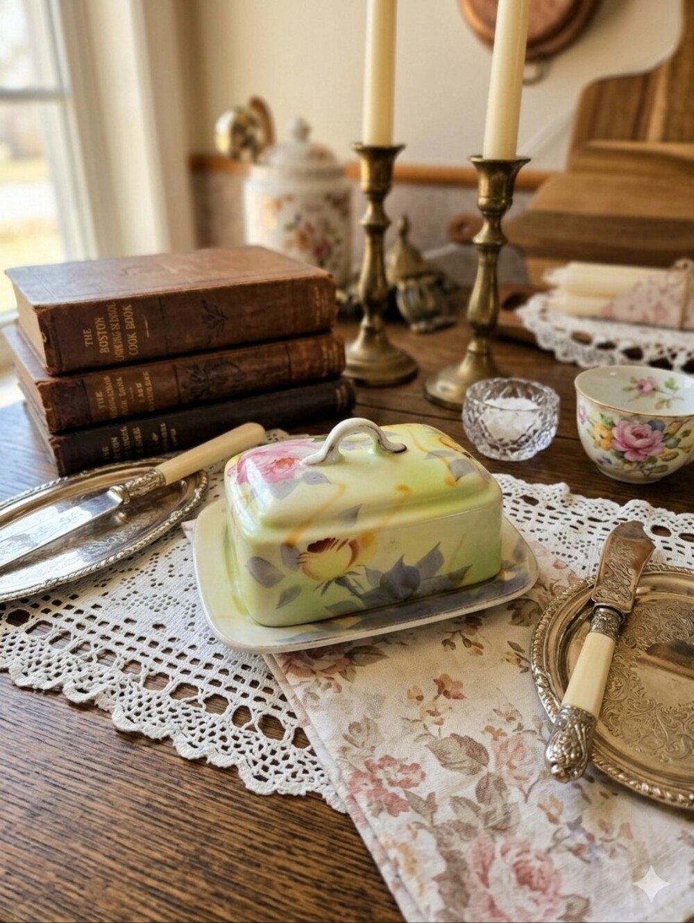 VTG 30s Maruku Japan Hand Painted Porcelain Floral Covered Butter Dish Set